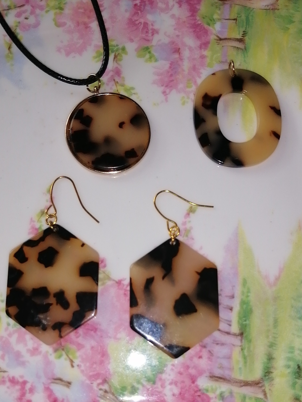 Faux Tortoiseshell 2 Pendants Necklace and Earring ( New Hooks) Bundle